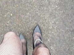 Walking in Black ankle strap shoes, fishnets and skirt (POV)