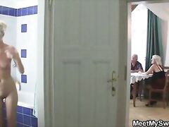 Blond girl rides old dick after bathroom