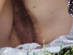 Upskirt no panties mature lady in public park