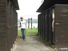 Blonde grandma screwed in public changing room