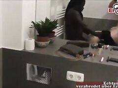 German housewife get fucked from 2 guys in threesome mmf in her bath at home