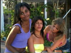 African beauty with small tits gets drilled with dildo by hotties by the pool